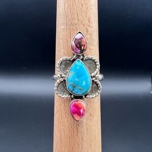 Sterling Silver Red Rose Dahlia & Mojave Turquoise Ring